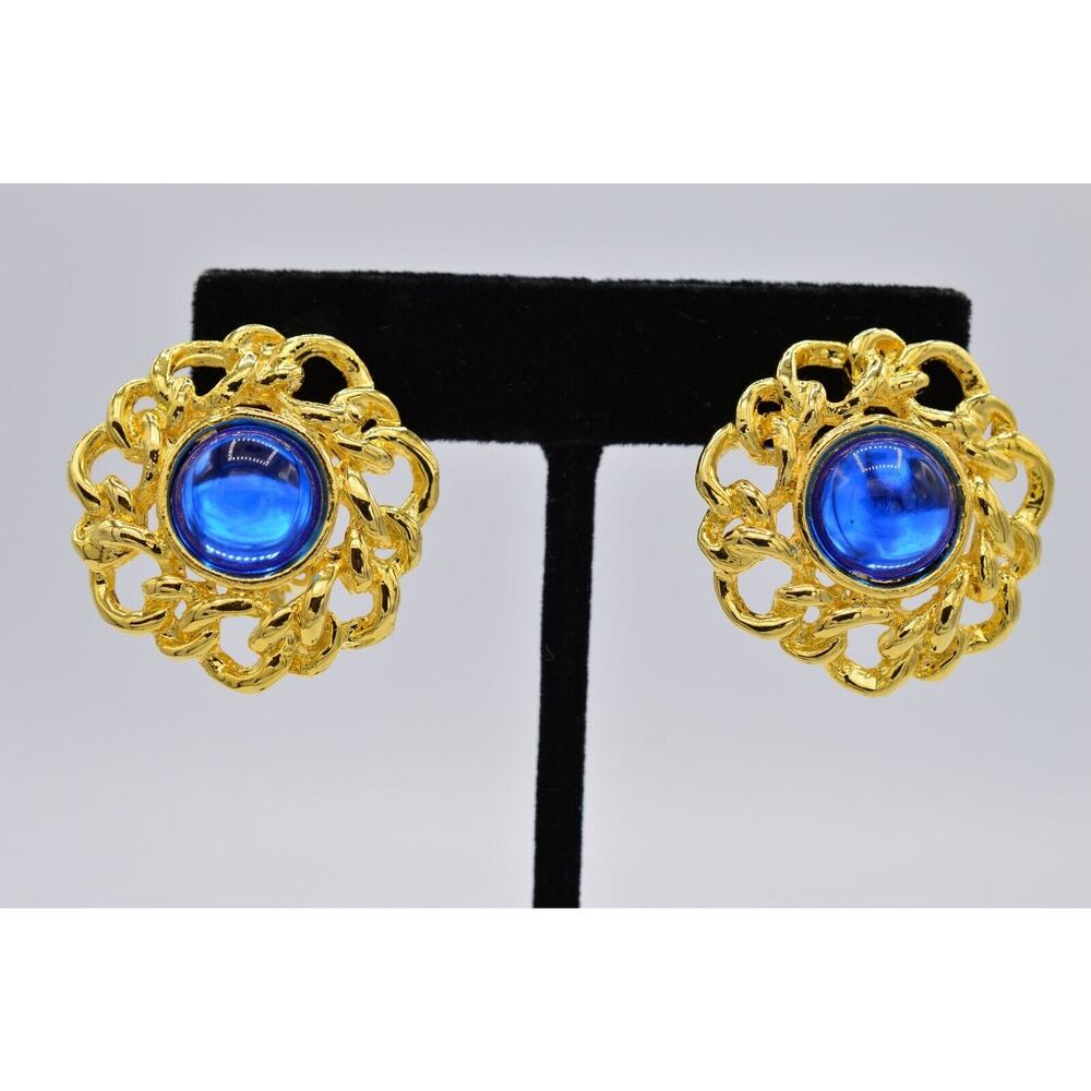 Vintage Cabochon Clip Earrings Blue Gold Round Chunky Huggie 1980s BinAG